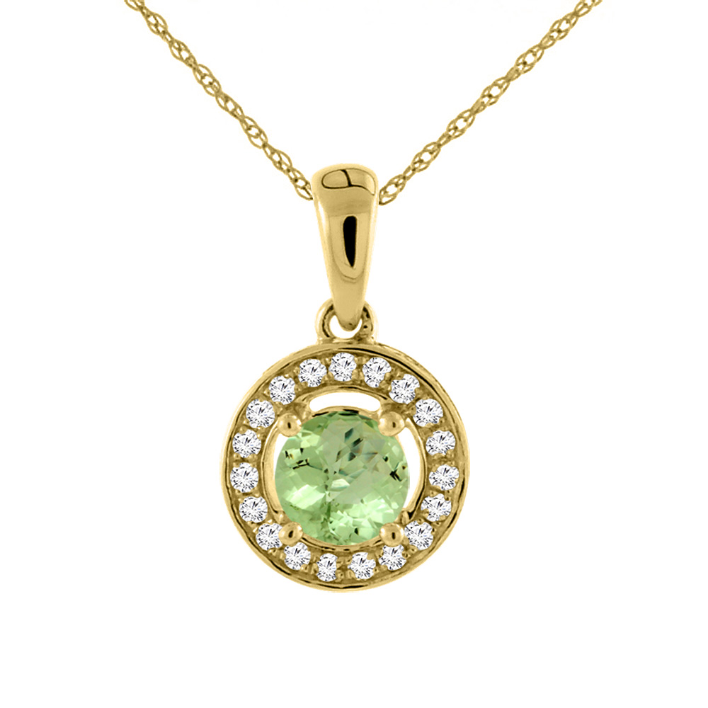 14K Yellow Gold Natural Peridot Necklace with Diamond Halo Round 5 mm