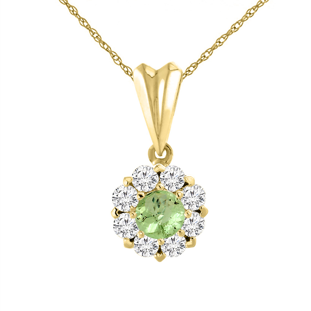 14K Yellow Gold Natural Peridot Necklace with Diamond Halo Round 6 mm