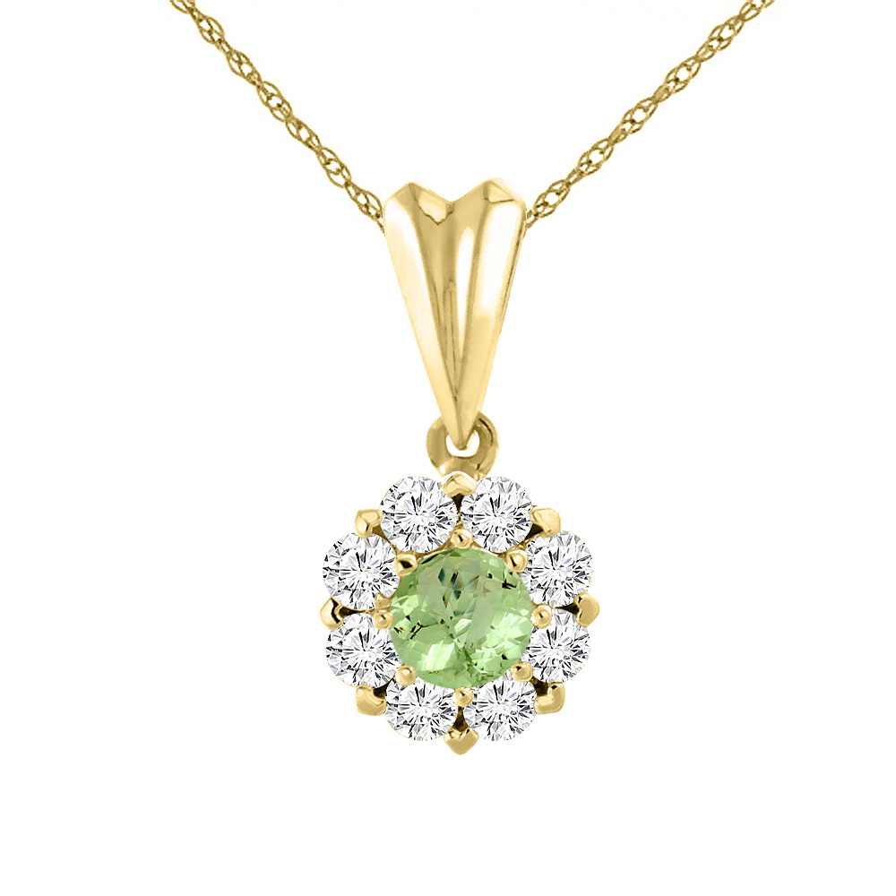 14K YELLOW GOLD NATURAL PERIDOT NECKLACE WITH DIAMOND HALO ROUND 4 MM