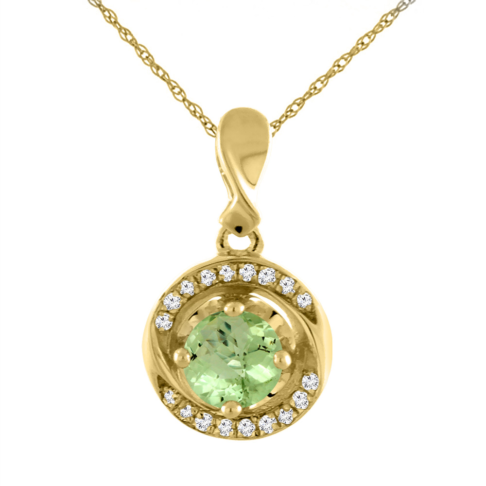 14K Yellow Gold Natural Peridot Necklace with Diamond Accents Round 4 mm