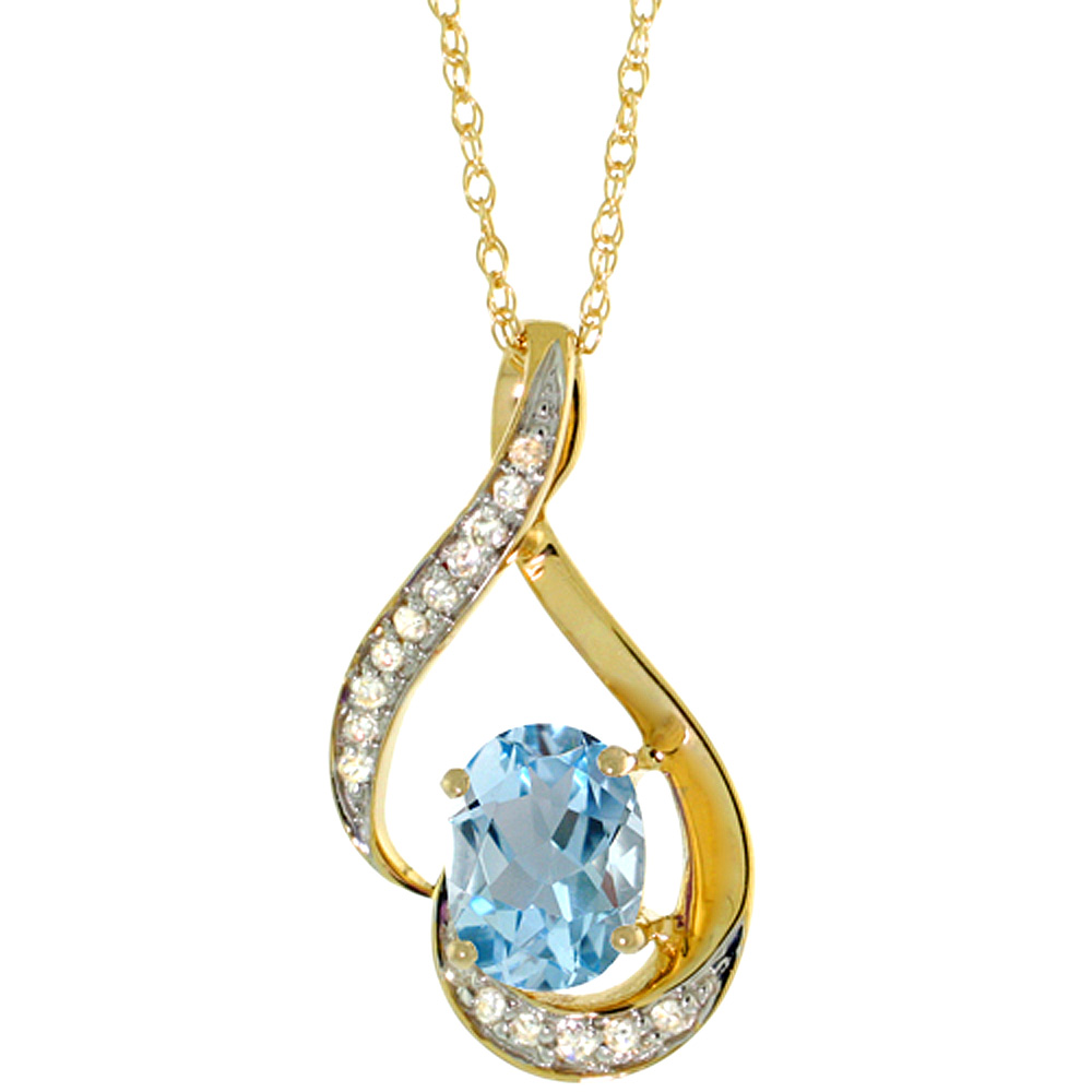 14K YELLOW GOLD DIAMOND NATURAL AQUAMARINE NECKLACE OVAL 7X5 MM, 18 INCH LONG
