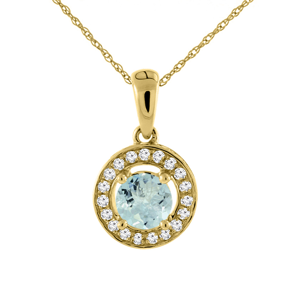 14K Yellow Gold Natural Aquamarine Necklace with Diamond Halo Round 5 mm