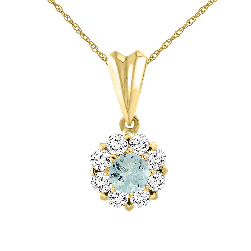 14K YELLOW GOLD NATURAL AQUAMARINE NECKLACE WITH DIAMOND HALO ROUND 4 MM