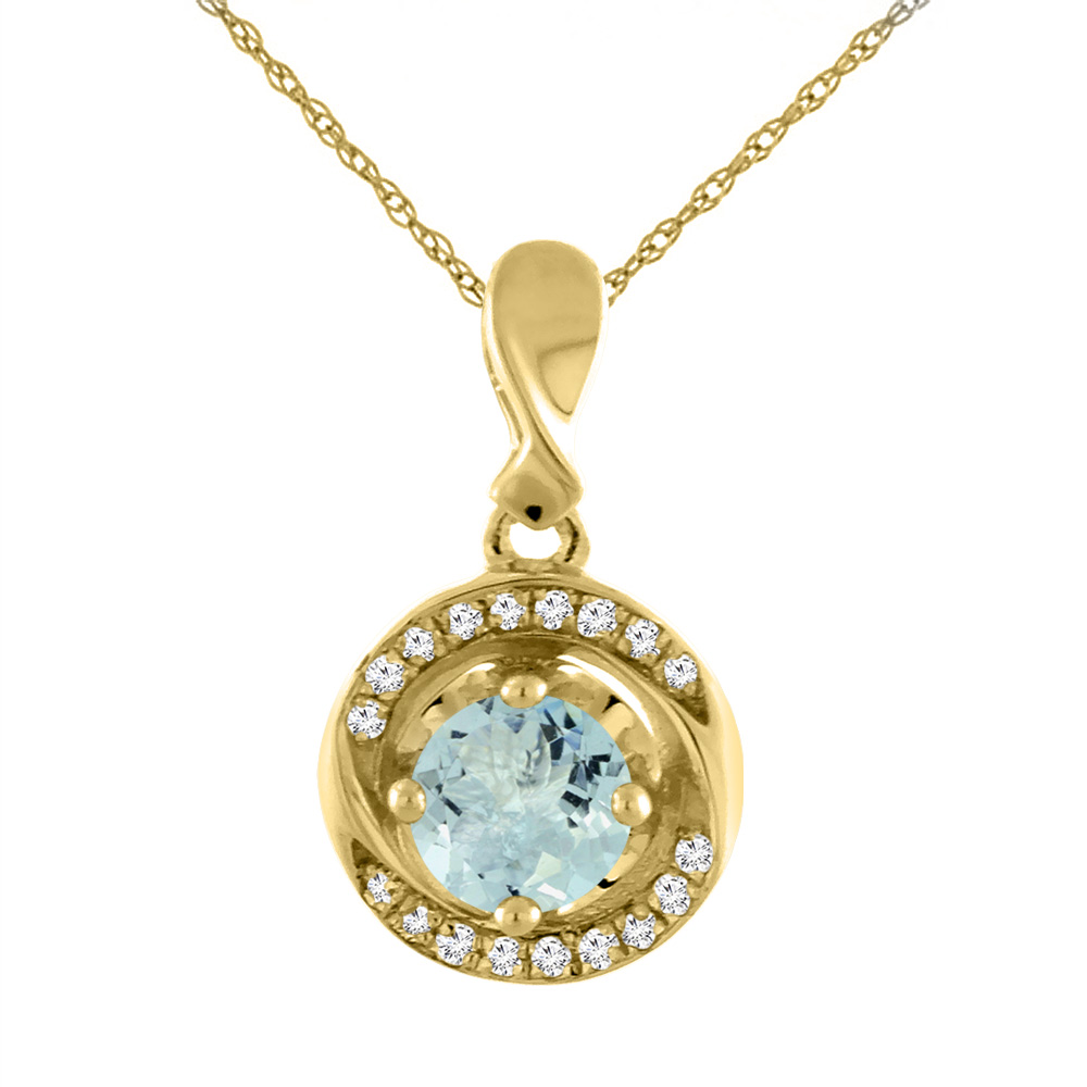 14K YELLOW GOLD NATURAL AQUAMARINE NECKLACE WITH DIAMOND ACCENTS ROUND 4 MM