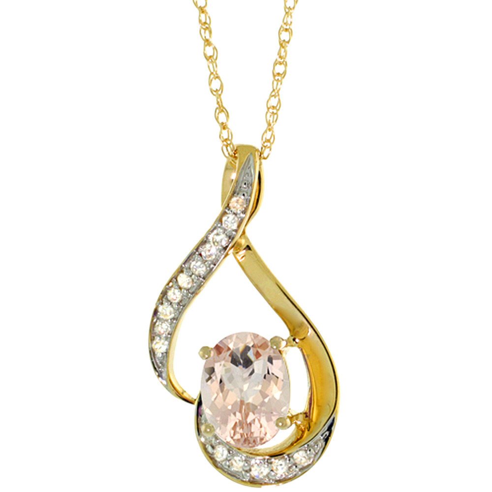 14K YELLOW GOLD DIAMOND NATURAL MORGANITE NECKLACE OVAL 7X5 MM, 18 INCH LONG