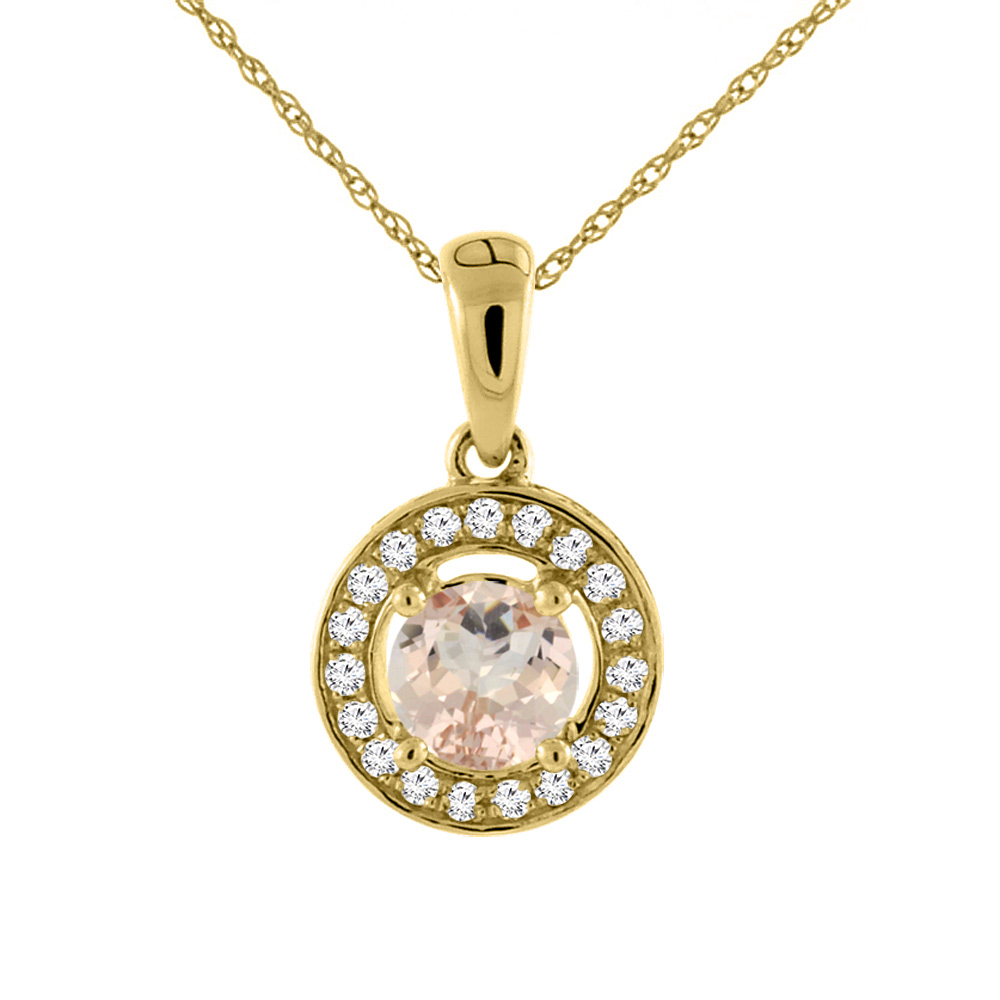 14K Yellow Gold Natural Morganite Necklace with Diamond Halo Round 5 mm