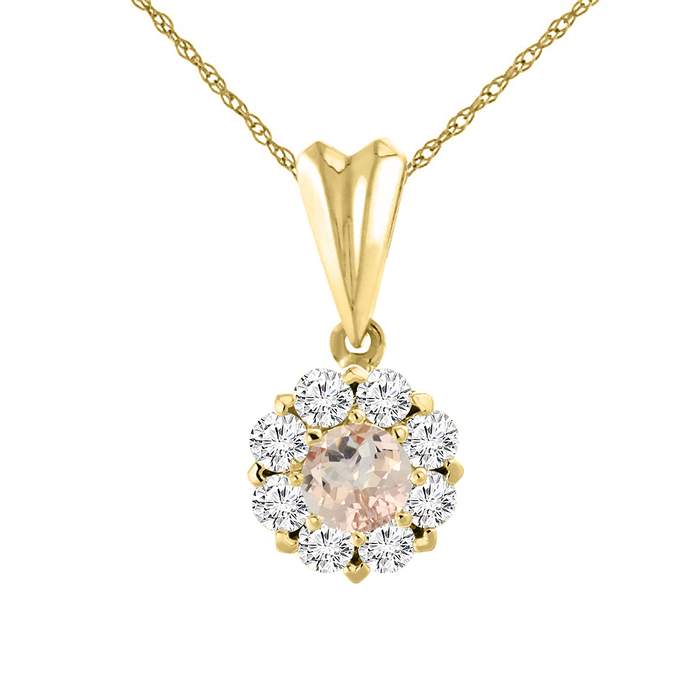 14K Yellow Gold Natural Morganite Necklace with Diamond Halo Round 6 mm