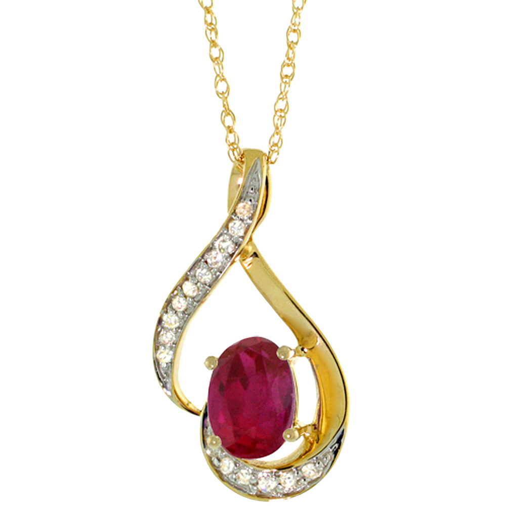 14K YELLOW GOLD DIAMOND NATURAL QUALITY RUBY NECKLACE OVAL 7X5 MM, 18 INCH LONG
