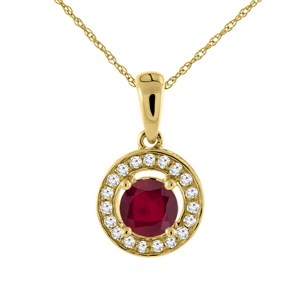 14K Yellow Gold Enhanced Genuine Ruby Necklace with Diamond Halo Round 5 mm