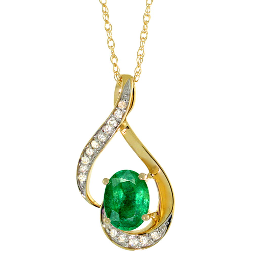 14K Yellow Gold Diamond Natural Quality Emerald Necklace Oval 7x5 mm, 18 inch long