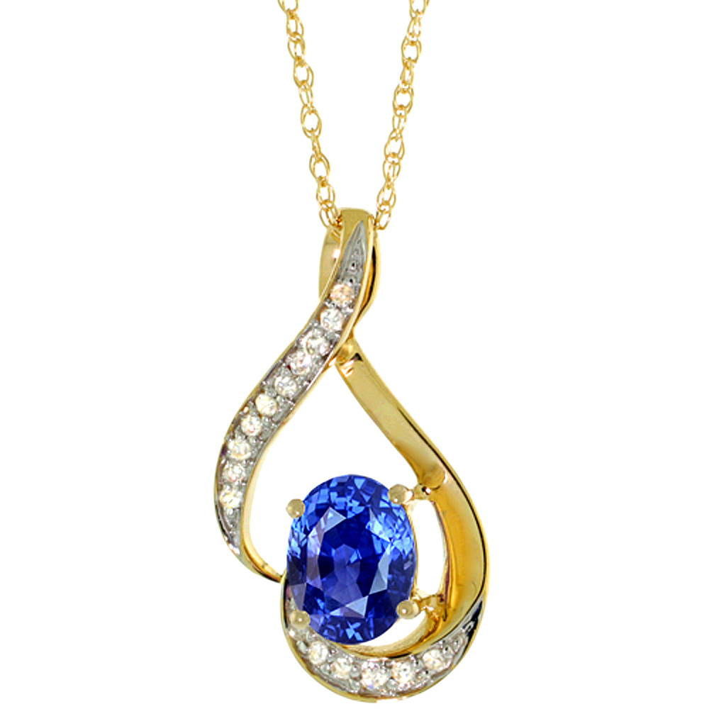 14K YELLOW GOLD DIAMOND NATURAL BLUE SAPPHIRE NECKLACE OVAL 7X5 MM, 18 INCH LONG