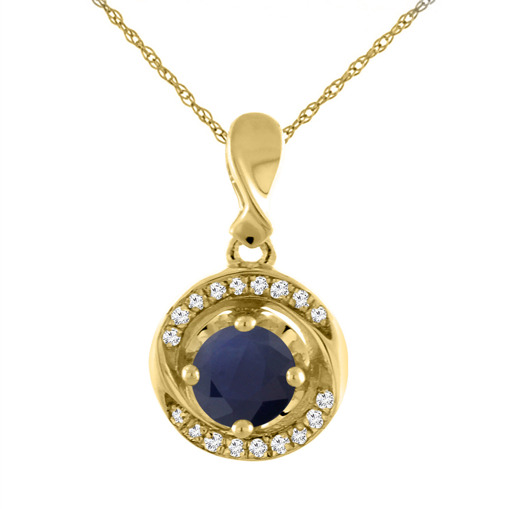 14K YELLOW GOLD NATURAL BLUE SAPPHIRE NECKLACE WITH DIAMOND ACCENTS ROUND 4 MM