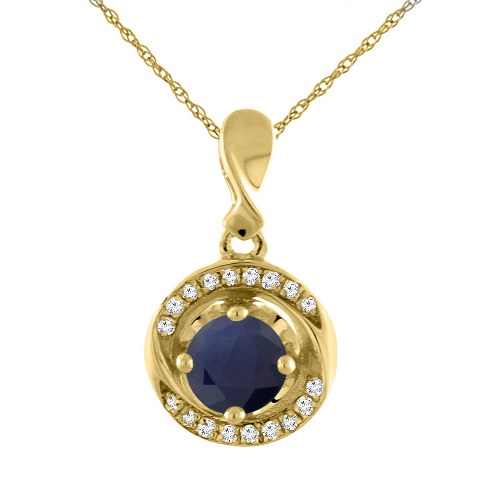 14K Yellow Gold Natural Blue Sapphire Necklace with Diamond Accents Round 4 mm