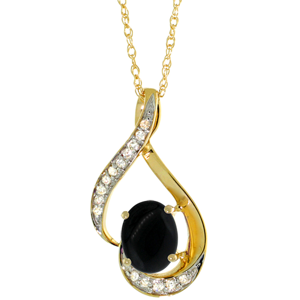 14K Yellow Gold Diamond Natural Black Onyx Necklace Oval 7x5 mm, 18 inch long