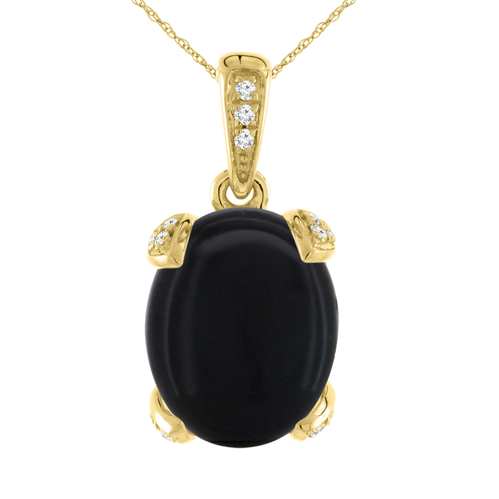 14K Yellow Gold Natural Black Onyx Necklace Oval 10x8 mm with Diamond Accents