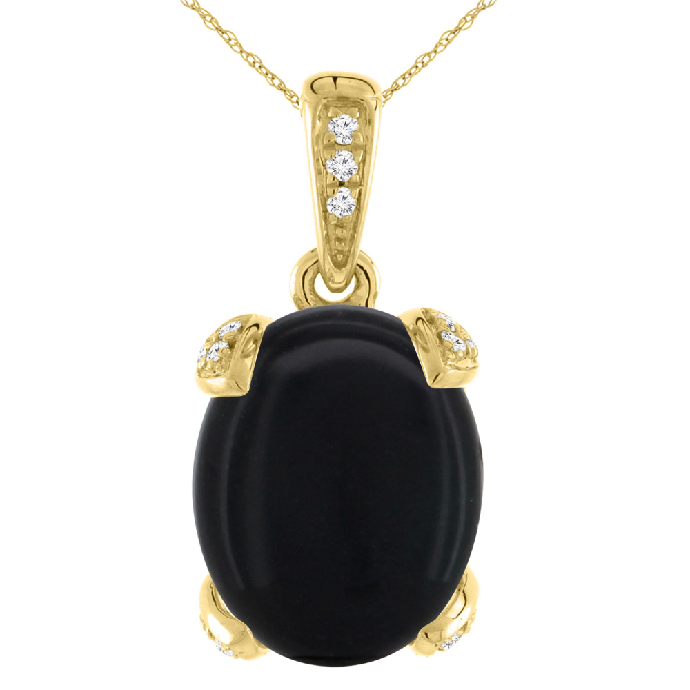 14K Yellow Gold Natural Black Onyx Necklace Oval 12x10 mm with Diamond Accents