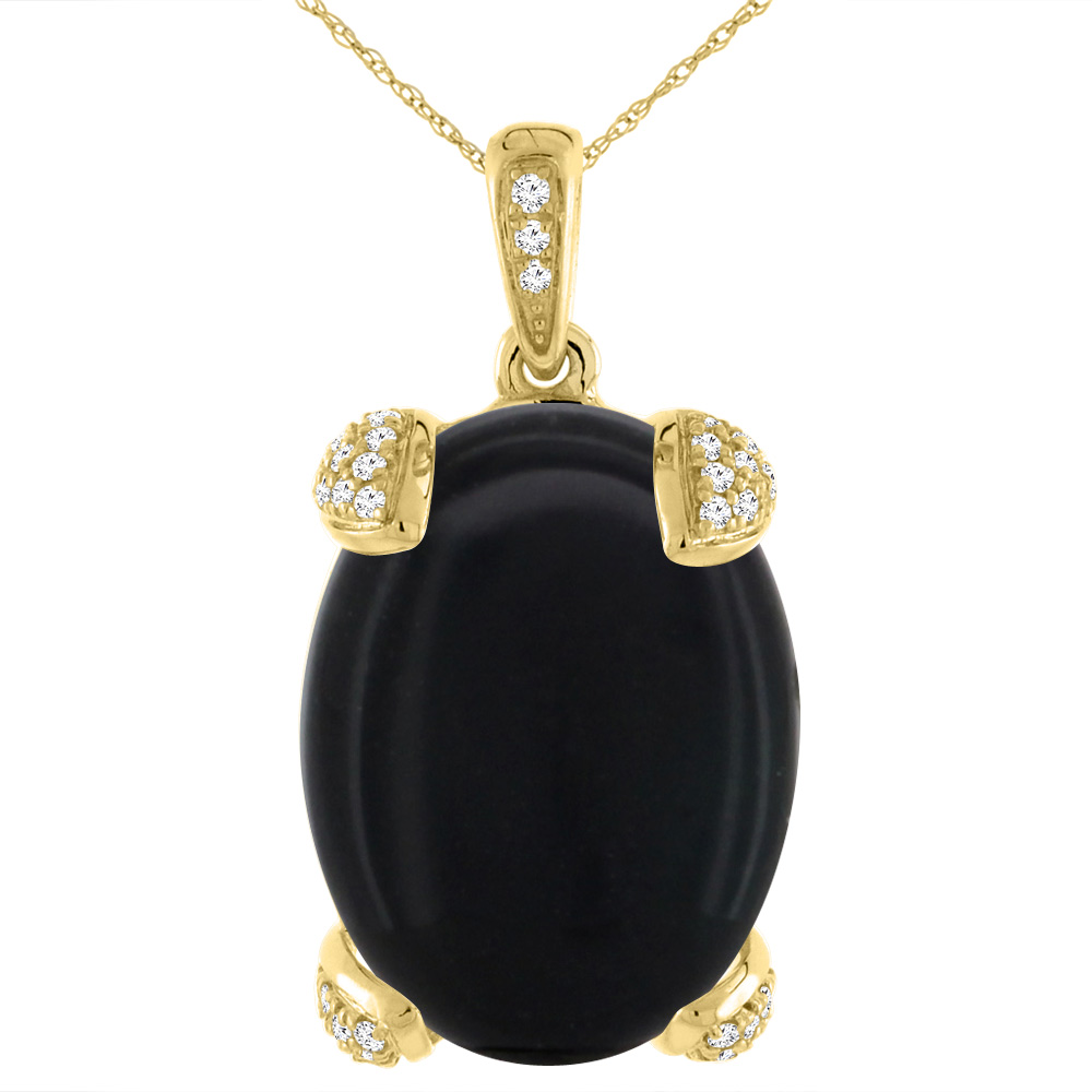 14K Yellow Gold Natural Black Onyx Necklace Oval 18x13 mm with Diamond Accents