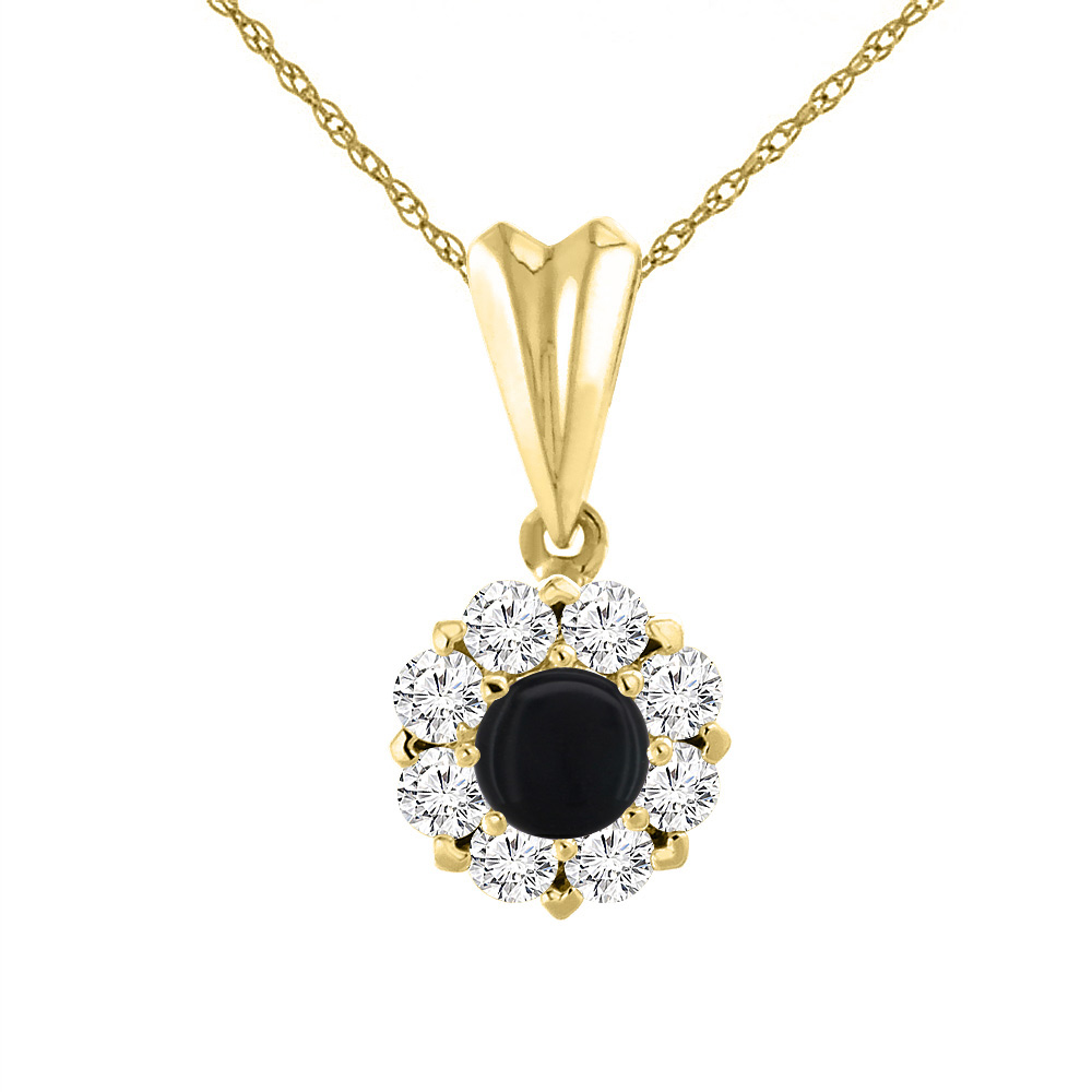 14K Yellow Gold Natural Black Onyx Necklace with Diamond Halo Round 6 mm
