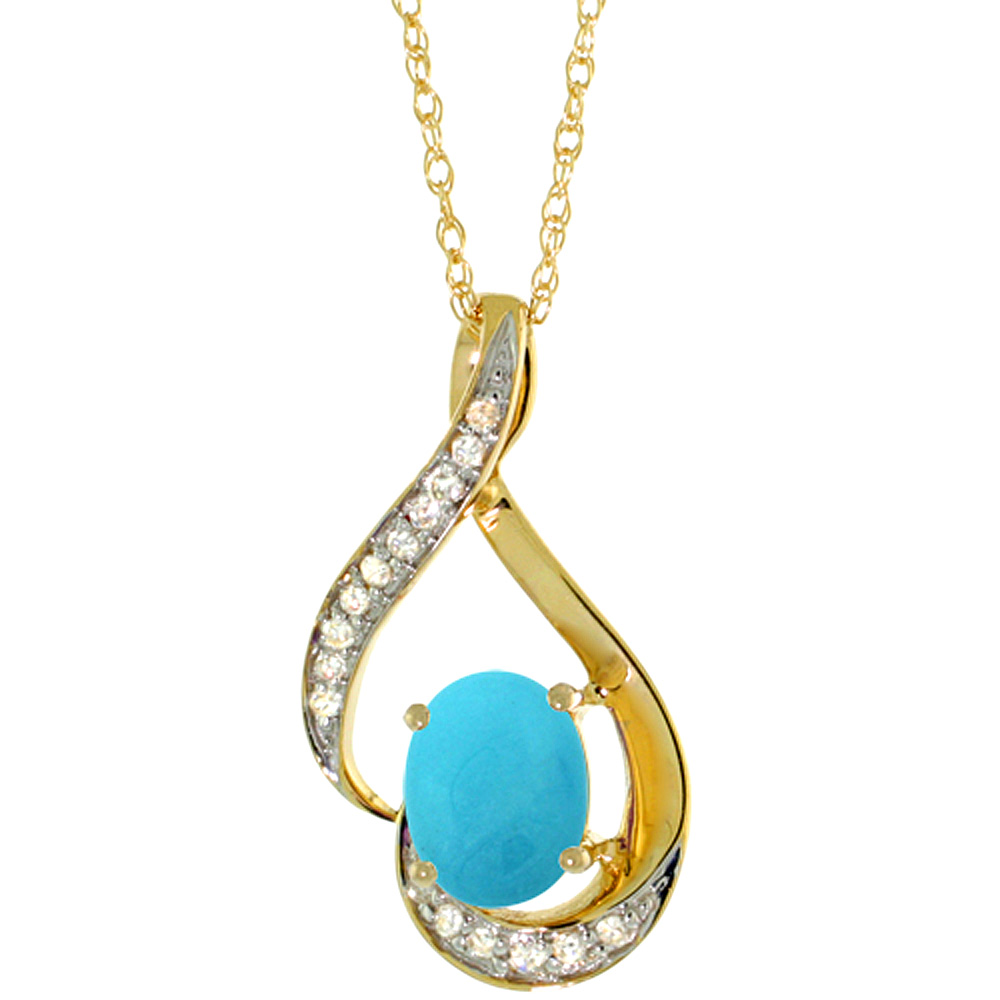 14K YELLOW GOLD DIAMOND NATURAL TURQUOISE NECKLACE OVAL 7X5 MM, 18 INCH LONG