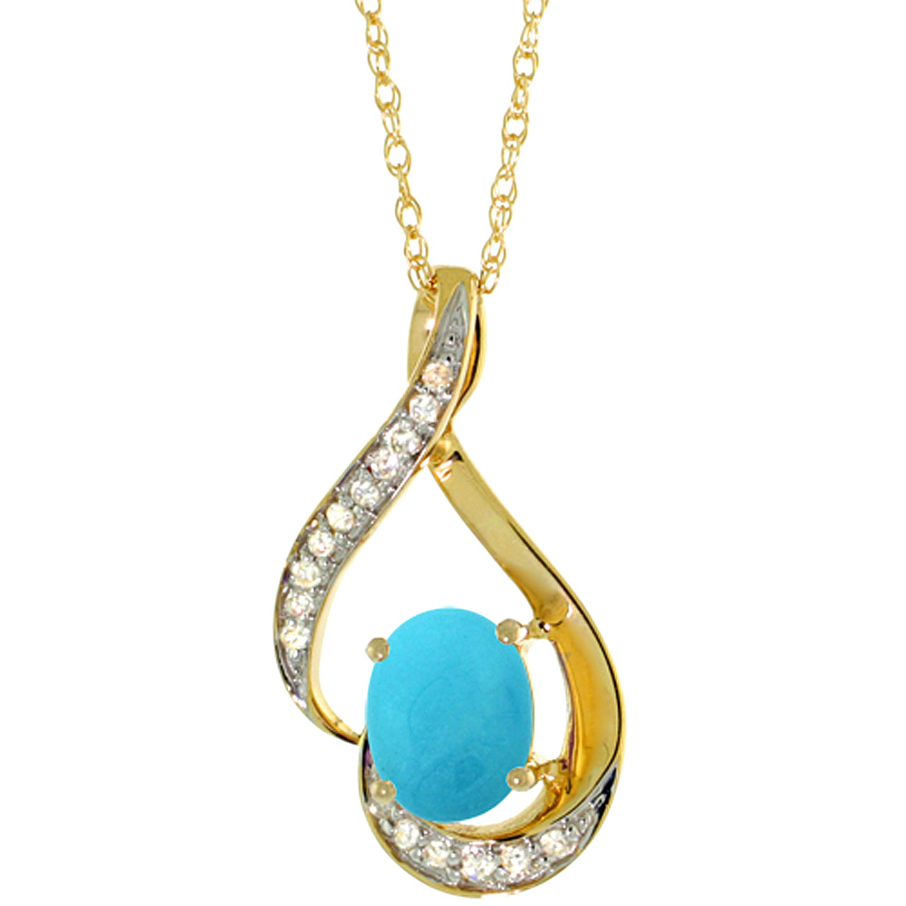 14K Yellow Gold Diamond Natural Turquoise Necklace Oval 7x5 mm, 18 inch long