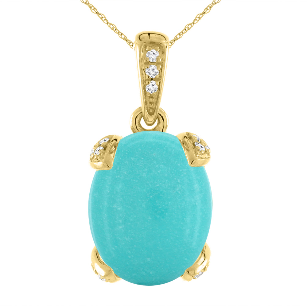 14K Yellow Gold Natural Turquoise Necklace Oval 11x9 mm with Diamond Accents