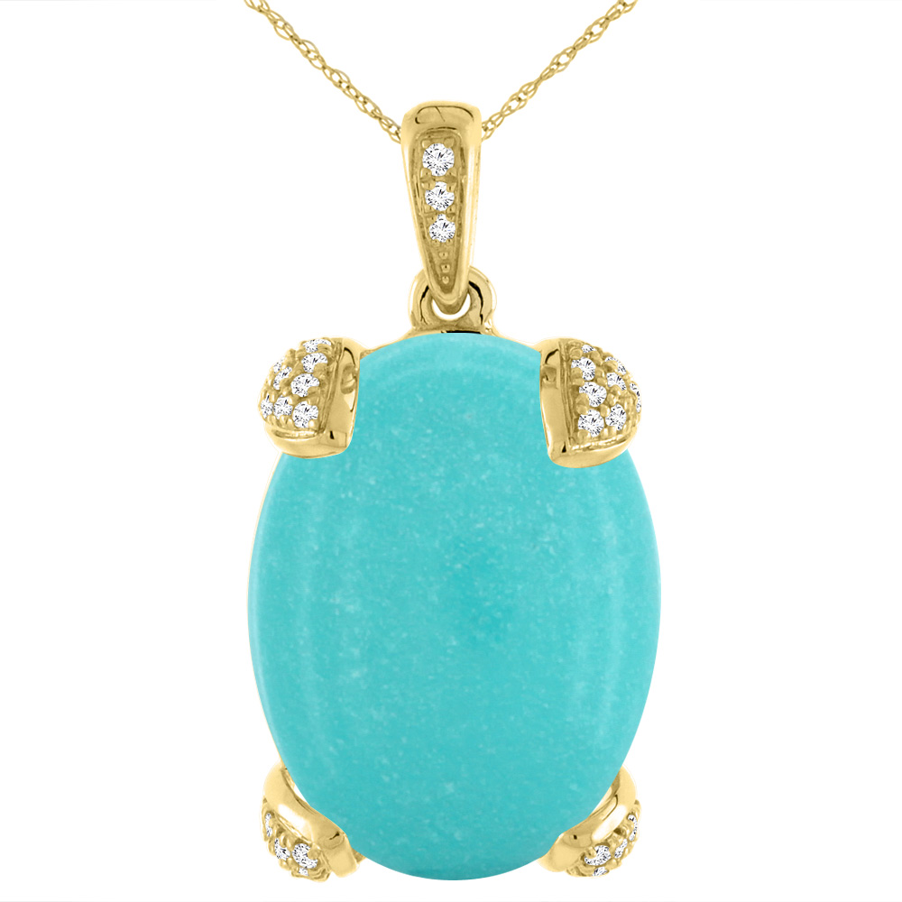 14K Yellow Gold Natural Turquoise Necklace Oval 18x13 mm with Diamond Accents