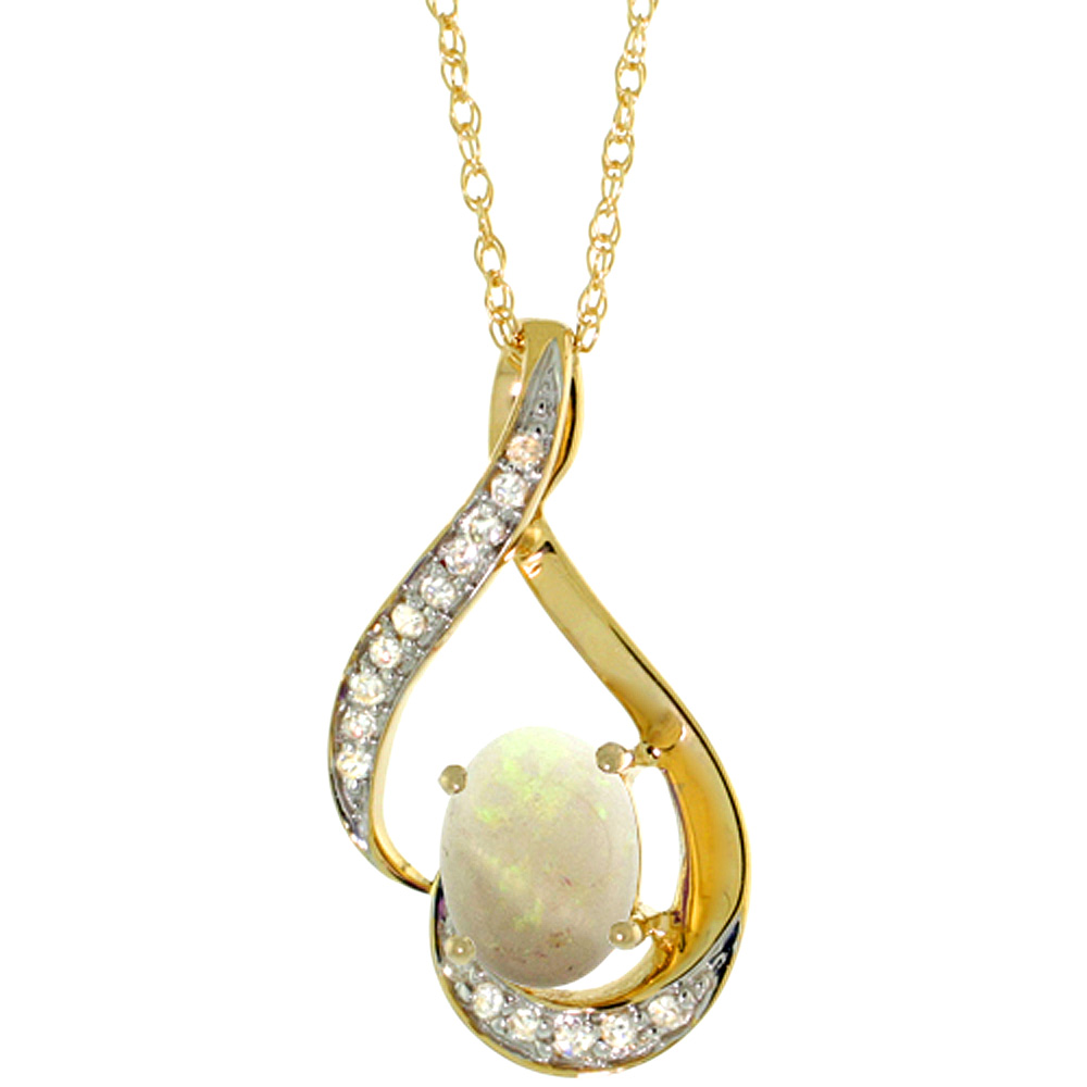 14K YELLOW GOLD DIAMOND NATURAL OPAL NECKLACE OVAL 7X5 MM, 18 INCH LONG