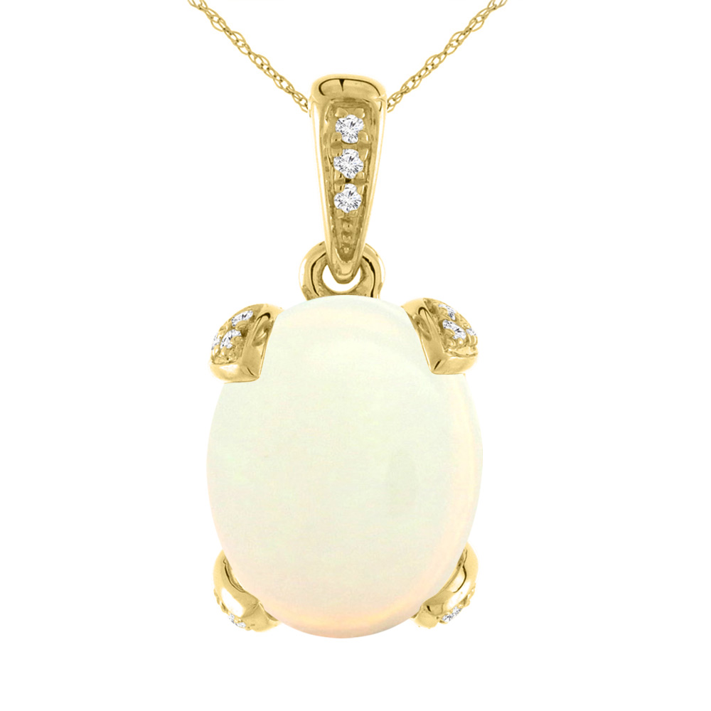 14K YELLOW GOLD NATURAL OPAL NECKLACE OVAL 10X8 MM WITH DIAMOND ACCENTS