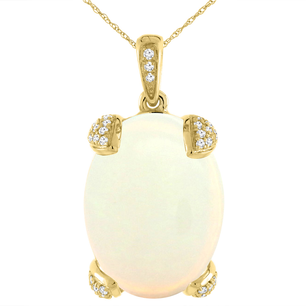 14K Yellow Gold Natural Opal Necklace Oval 18x13 mm with Diamond Accents