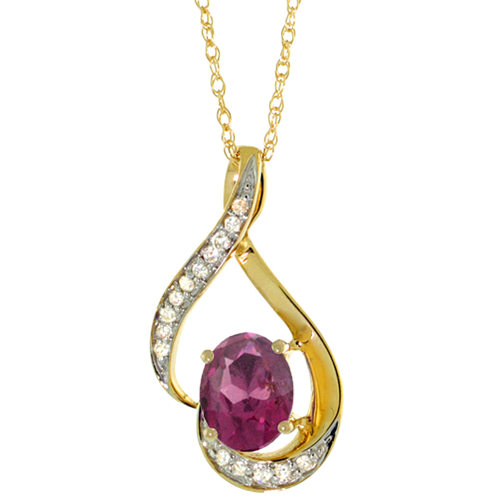 14K YELLOW GOLD DIAMOND NATURAL RHODOLITE NECKLACE OVAL 7X5 MM, 18 INCH LONG