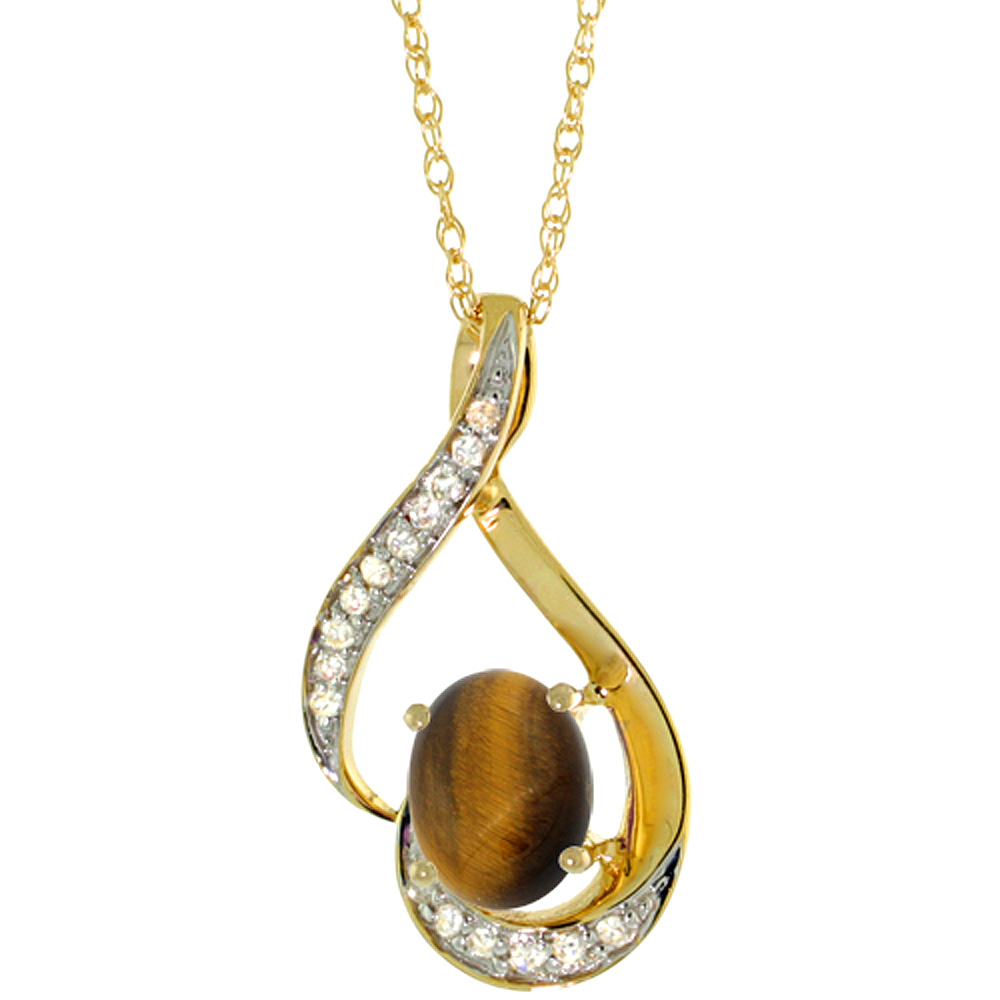 14K Yellow Gold Diamond Natural Tiger Eye Necklace Oval 7x5 mm, 18 inch long