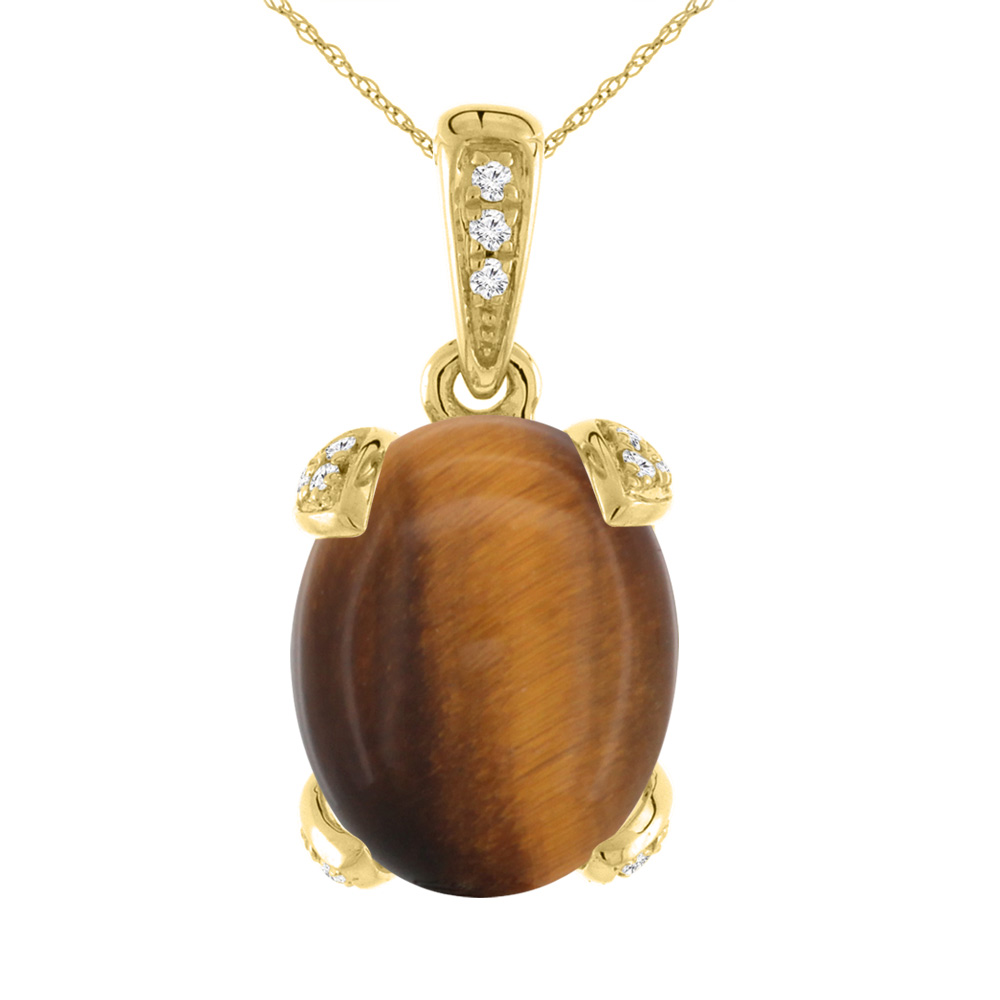 14K YELLOW GOLD NATURAL TIGER EYE NECKLACE OVAL 10X8 MM WITH DIAMOND ACCENTS