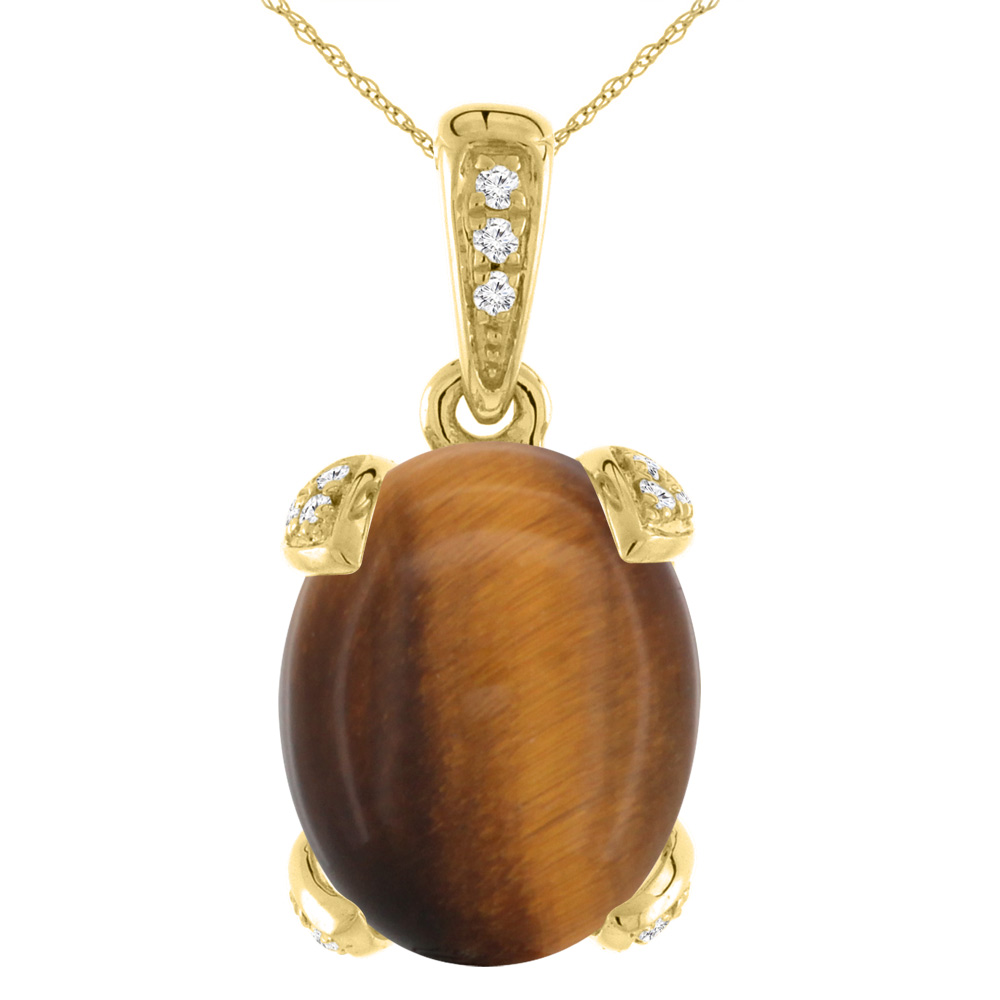 14K YELLOW GOLD NATURAL TIGER EYE NECKLACE OVAL 12X10 MM WITH DIAMOND ACCENTS