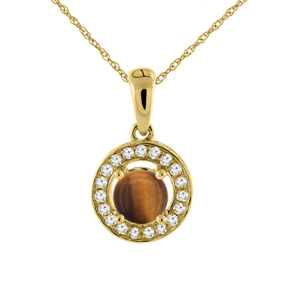 14K YELLOW GOLD NATURAL TIGER EYE NECKLACE WITH DIAMOND HALO ROUND 5 MM