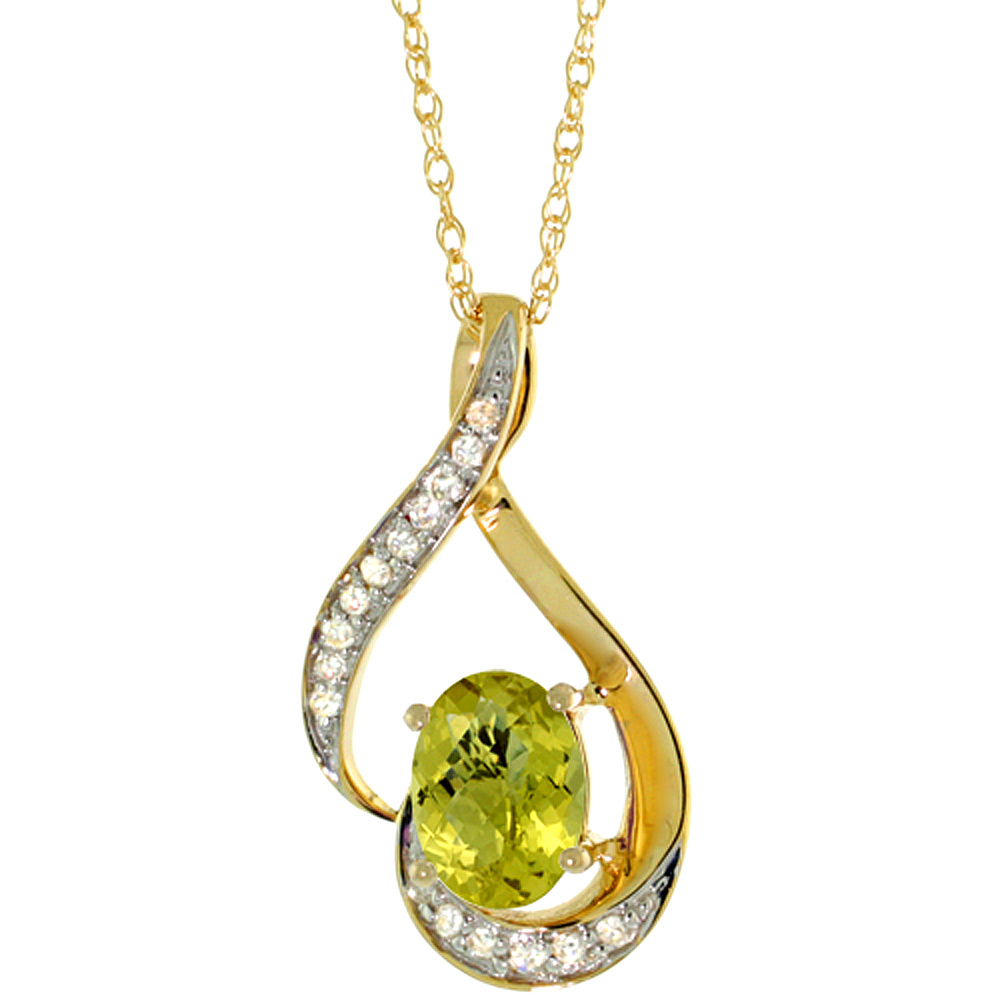 14K YELLOW GOLD DIAMOND NATURAL LEMON QUARTZ NECKLACE OVAL 7X5 MM, 18 INCH LONG