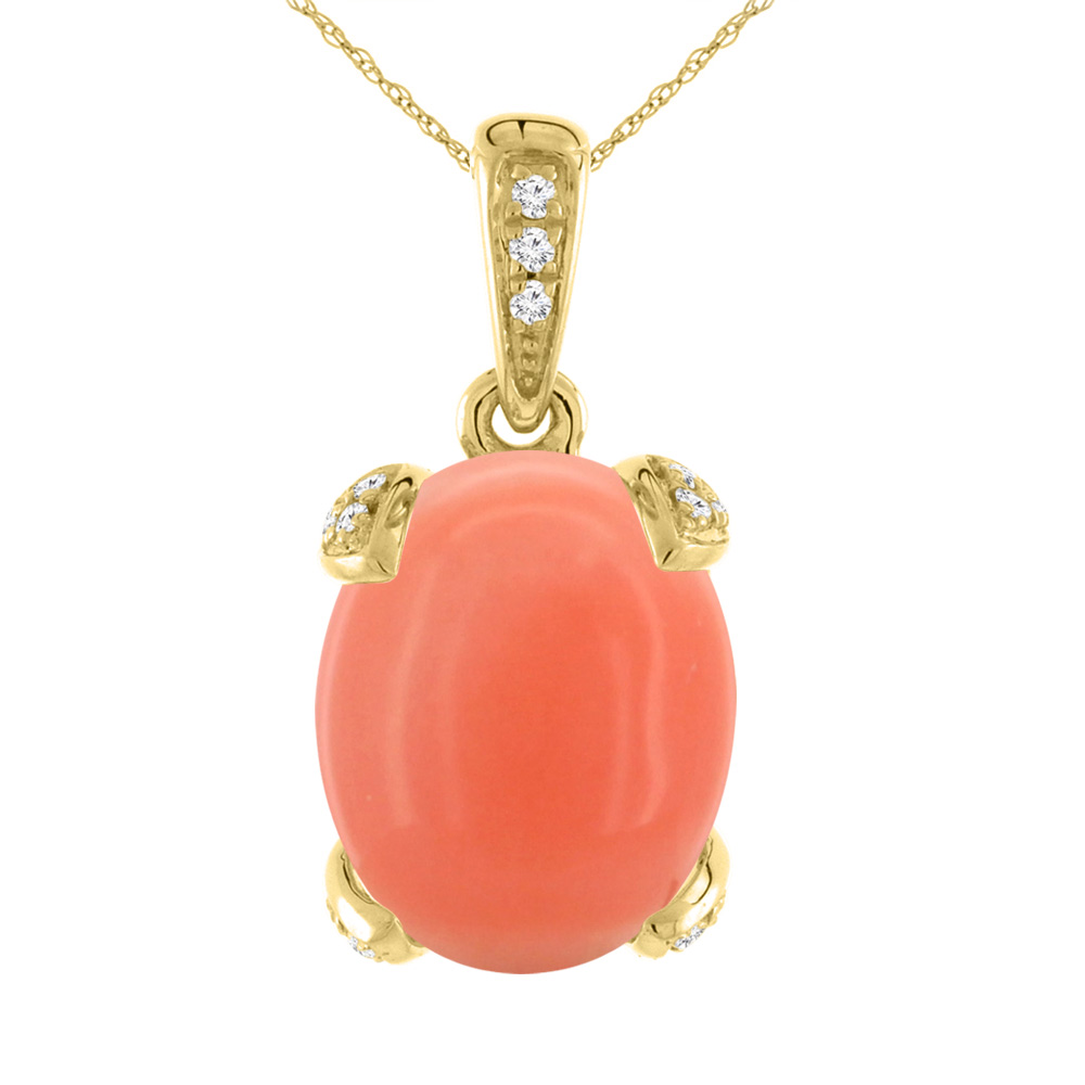 14K YELLOW GOLD NATURAL CORAL NECKLACE OVAL 10X8 MM WITH DIAMOND ACCENTS