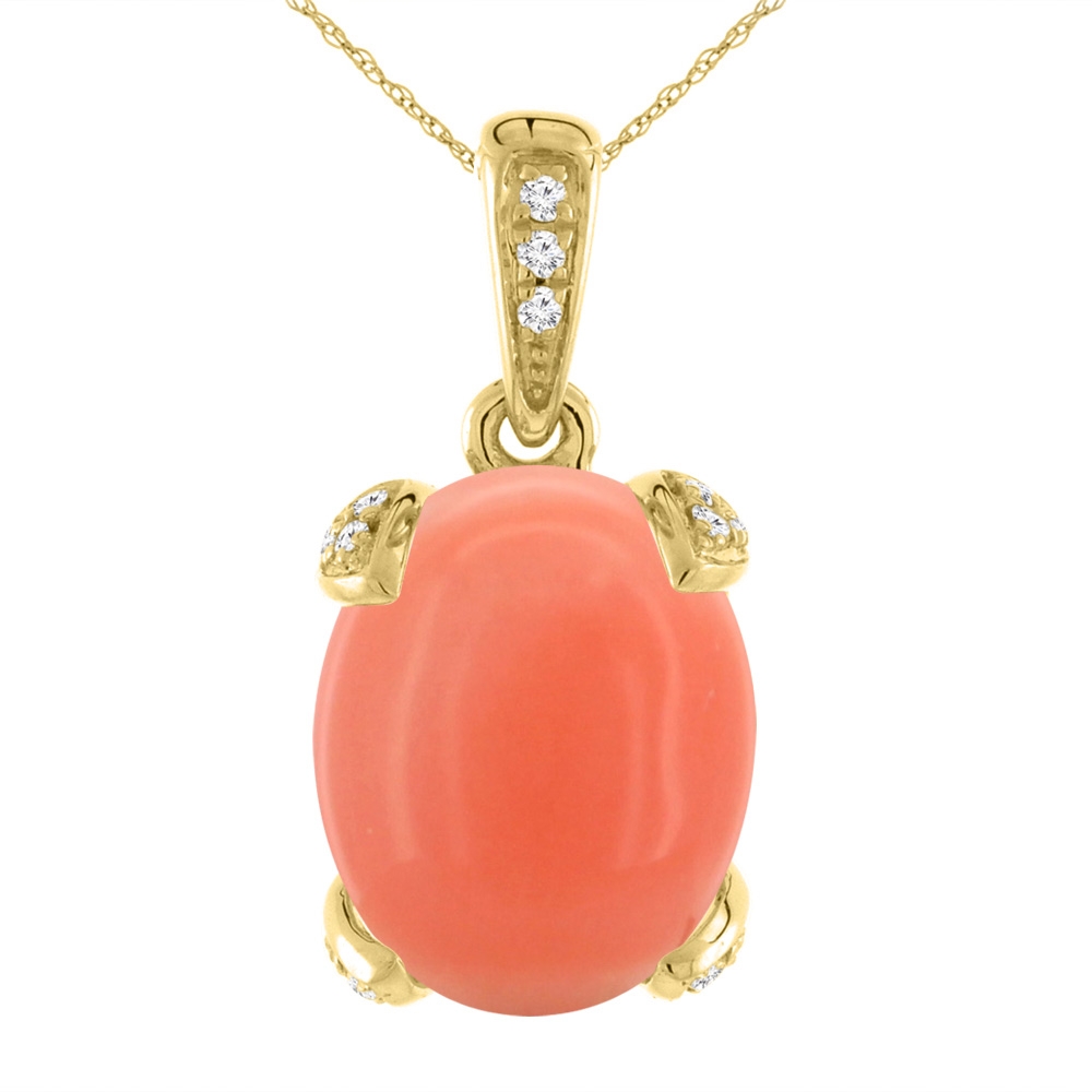 14K YELLOW GOLD NATURAL CORAL NECKLACE OVAL 11X9 MM WITH DIAMOND ACCENTS