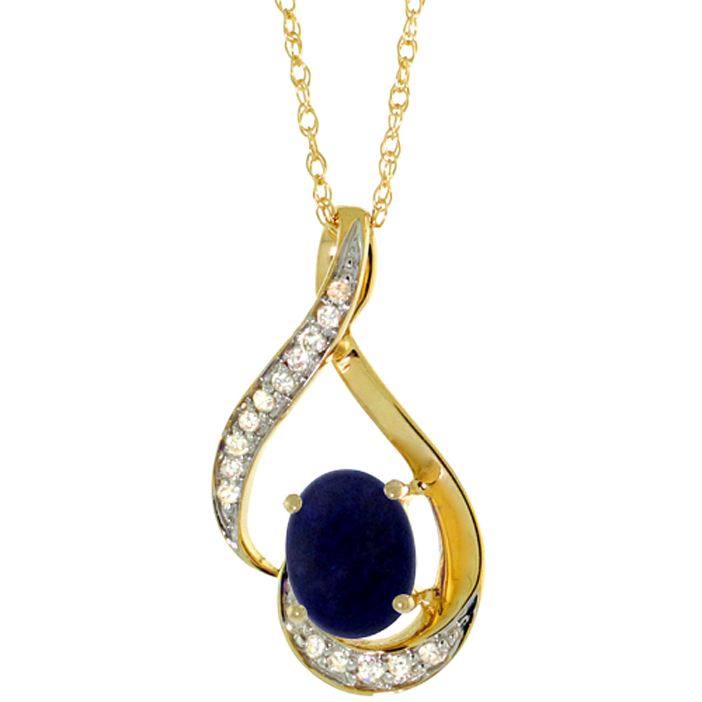 14K YELLOW GOLD DIAMOND NATURAL LAPIS NECKLACE OVAL 7X5 MM, 18 INCH LONG