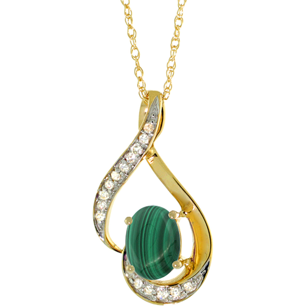 14K YELLOW GOLD DIAMOND NATURAL MALACHITE NECKLACE OVAL 7X5 MM, 18 INCH LONG