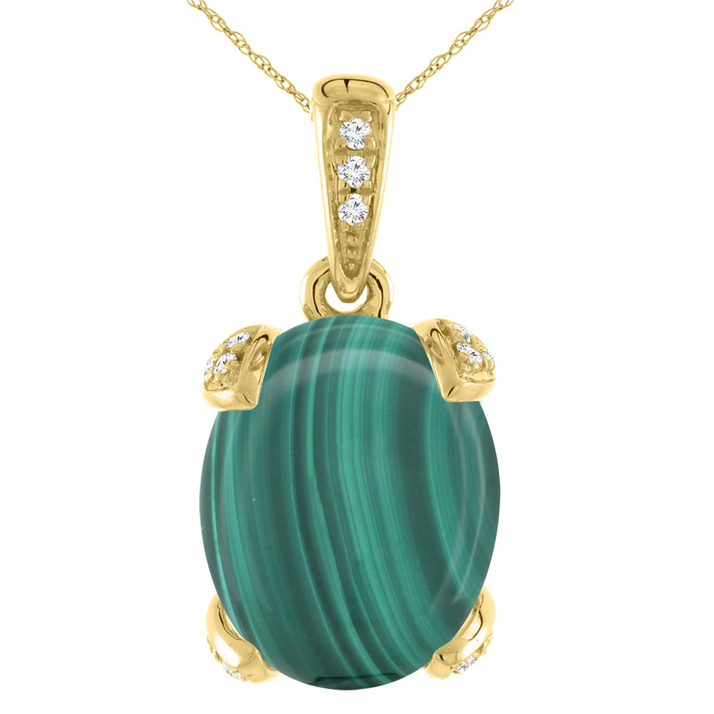 14K YELLOW GOLD NATURAL MALACHITE NECKLACE OVAL 12X10 MM WITH DIAMOND ACCENTS