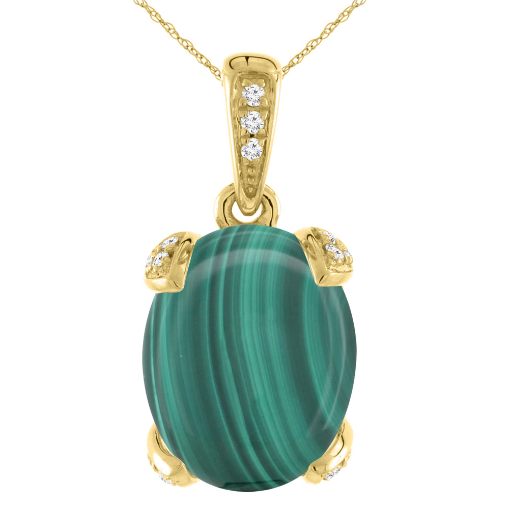 14K Yellow Gold Natural Malachite Necklace Oval 12x10 mm with Diamond Accents