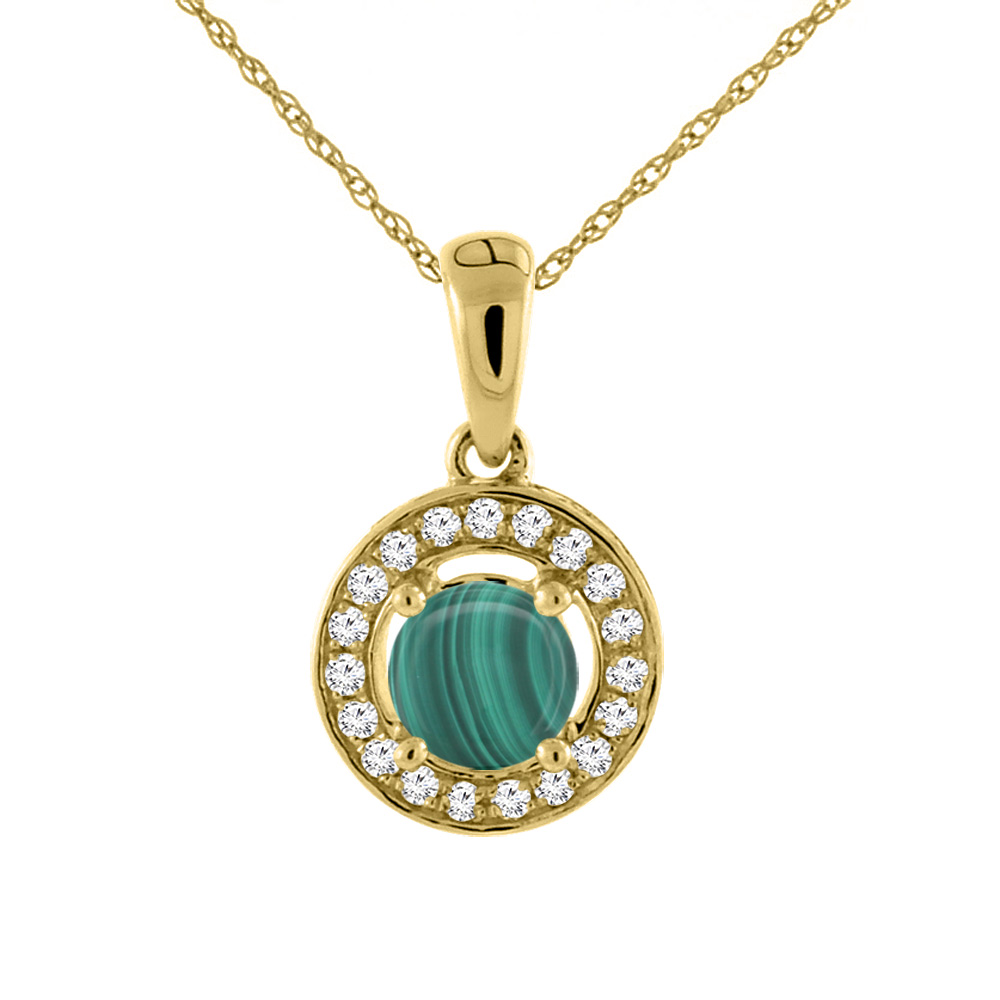 14K YELLOW GOLD NATURAL MALACHITE NECKLACE WITH DIAMOND HALO ROUND 5 MM