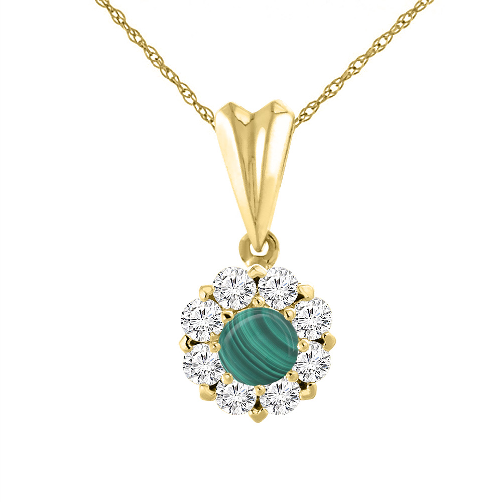 14K Yellow Gold Natural Malachite Necklace with Diamond Halo Round 6 mm