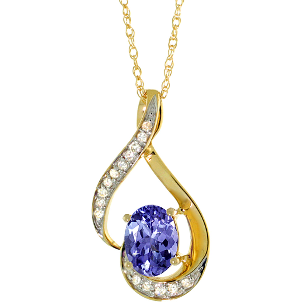 14K YELLOW GOLD DIAMOND NATURAL TANZANITE NECKLACE OVAL 7X5 MM, 18 INCH LONG