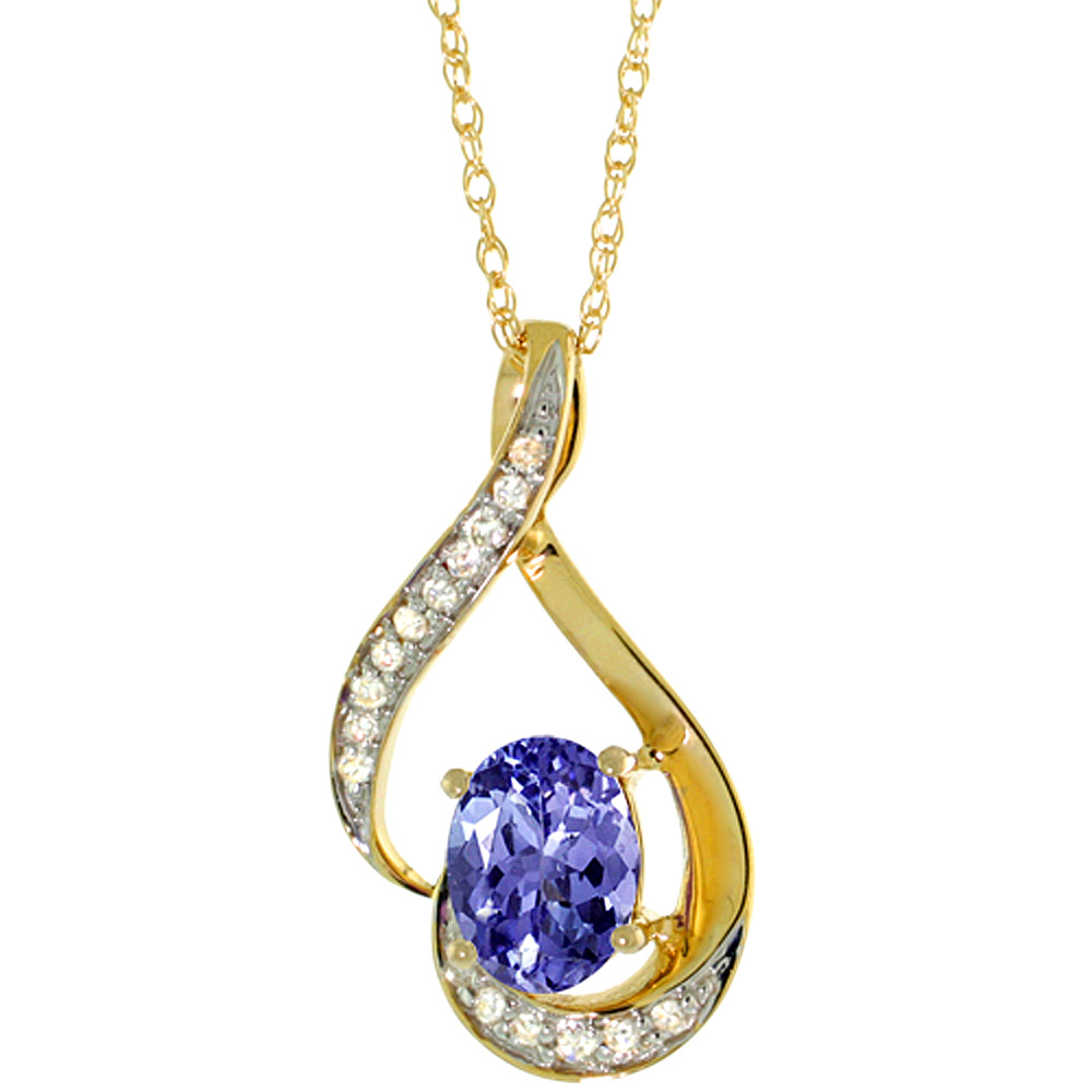 14K Yellow Gold Diamond Natural Tanzanite Necklace Oval 7x5 mm, 18 inch long