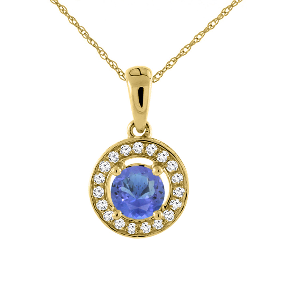 14K Yellow Gold Natural Tanzanite Necklace with Diamond Halo Round 5 mm