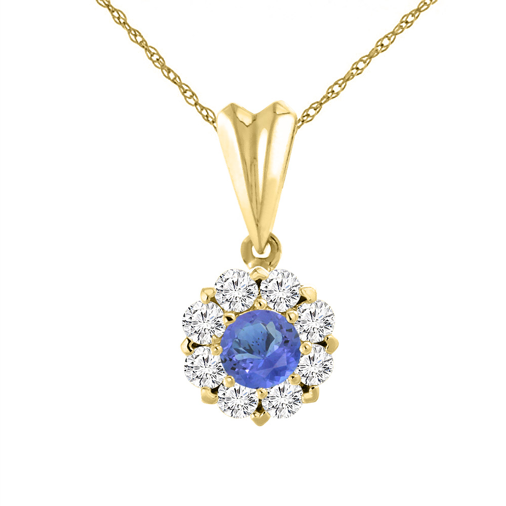 14K Yellow Gold Natural Tanzanite Necklace with Diamond Halo Round 6 mm