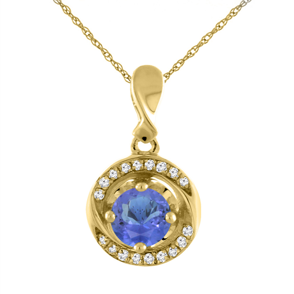 14K Yellow Gold Natural Tanzanite Necklace with Diamond Accents Round 4 mm