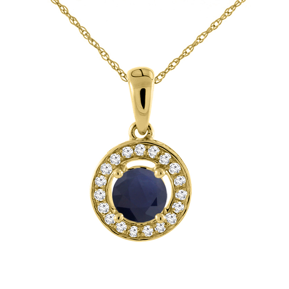 14K YELLOW GOLD DIAMOND HALO NATURAL QUALITY BLUE SAPPHIRE NECKLACE ROUND 5 MM
