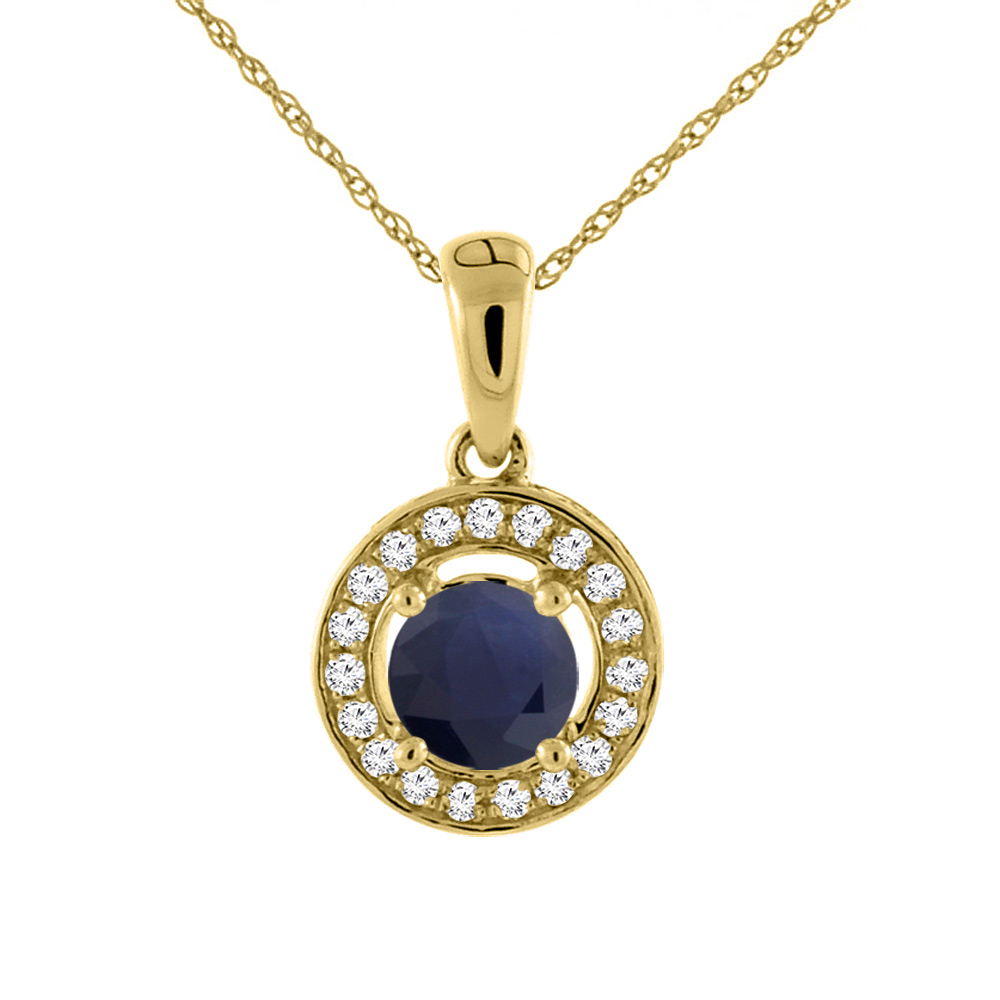 14K Yellow Gold Diamond Halo Natural Quality Blue Sapphire Necklace Round 5 mm